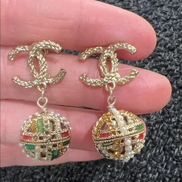 CHANEL Gold-Tone Double C Drop Earrings with Multicolor Enamel and Pearl Accents - Picture 2 of 15